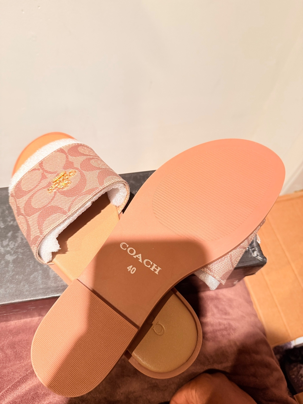 Coach Pink Signature Slide Sandals with Gold Logo